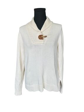 Lauren Ralph Lauren Cream Toggle Sweater Shawl Collar Cotton Knit Large F67